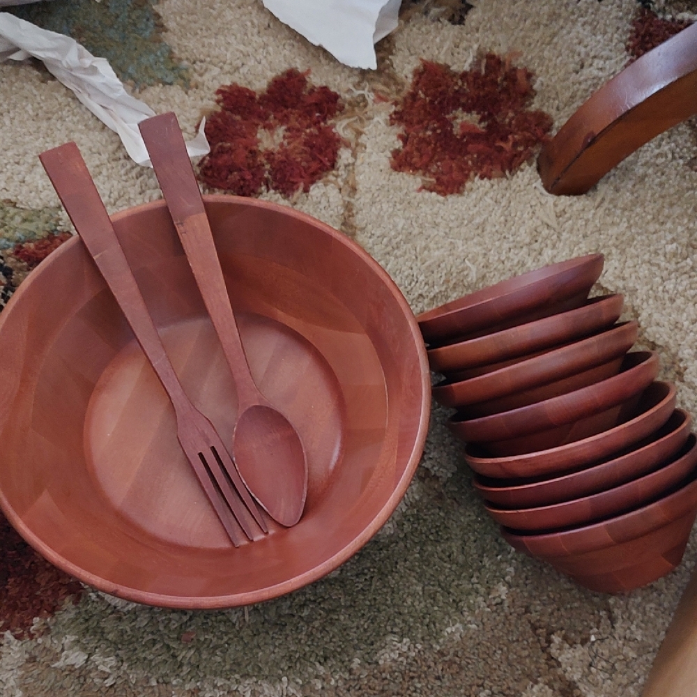 Vintage Large Wooden Salad Bowl Set